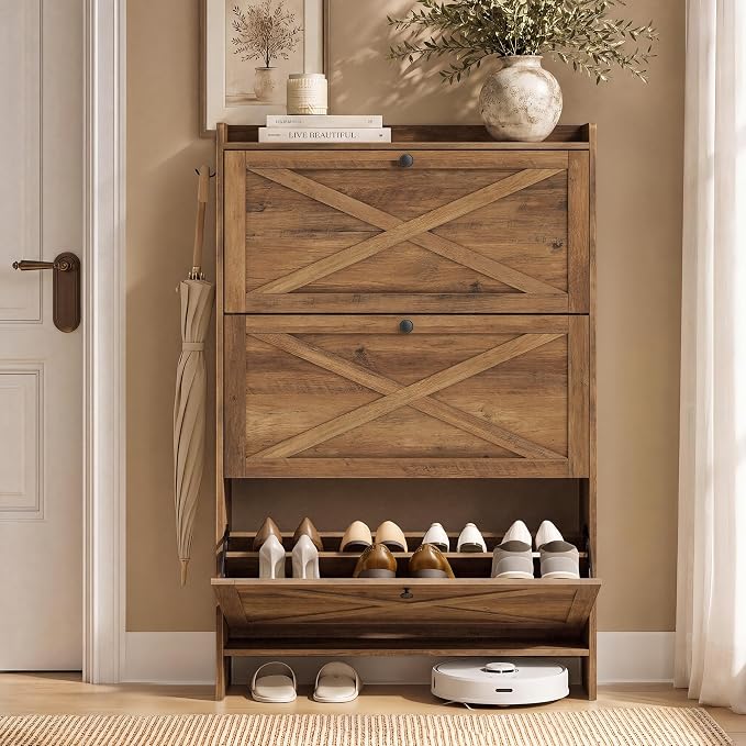 VASAGLE Narrow Shoe Storage Cabinet Organizer with 3 Flip Drawers | Freestanding Shoe Rack, Fits 14 to 16 Pairs, for Entryway, Farmhouse Style, Rustic Brown, HANIS Collection UHSC303KB01S by VASAGLEbySONGMICSHOME