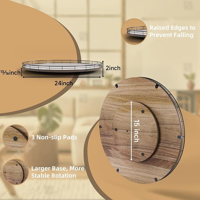 24 Inch Lazy Susan Turntable, Heavy Duty Acacia Wood Round Tray for Kitchen - Image 3