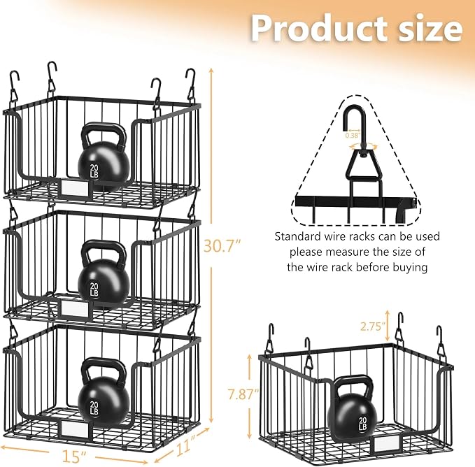 3-Pack Laundry Basket, Wire shelves for Laundry Room Space Saving-Metal Laundry Basket Holder,14.5"D x 10.5"W,Black - Image 8
