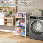 Hongtamoya 3 Tier Laundry Room Cart with Pull-Out Baskets, Storage Cart with Wheels, Rolling Cart with Wood Top Metal Bathroom Laundry Room Organization Mobile Shelf Unit Organizer Trolley, White - Image 5