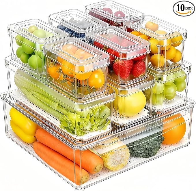 Pure Future 10-Pack Clear Fridge Organizer Containers with Lids, Stackable BPA-Free Refrigerator & Produce Storage Containers with Drain Tray & Anti-Slip Base for Fruits, Veggies & Drinks by PureFuture