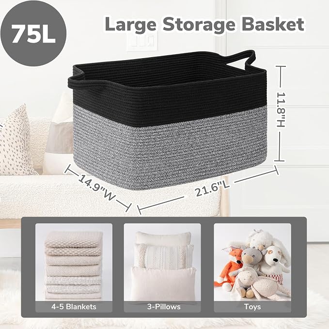 Goodpick Large Woven Rope Blanket Basket, Rectangle, Black & Gray - Image 3