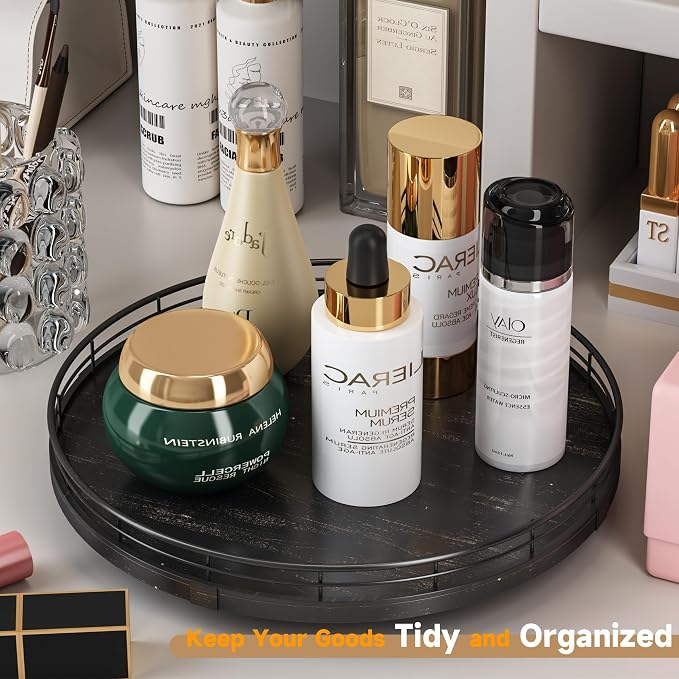 AMH 12-Inch Oak Lazy Susan Vanity Tray with Black Brush Gold Metal Rail - Image 2
