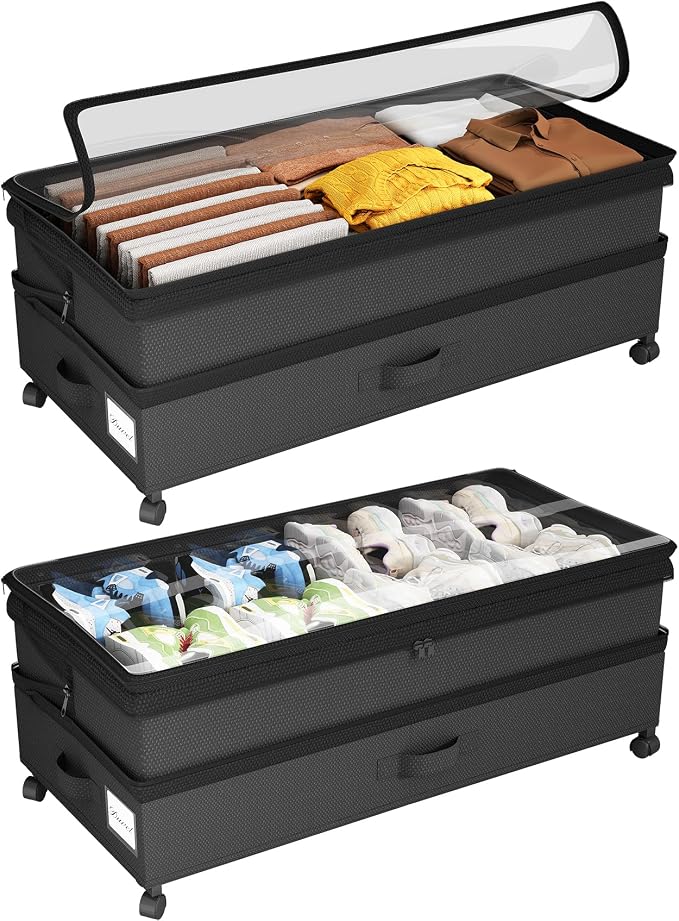 Kitstorack 2Pack Height-adjustable Under Bed Storage with Wheels, Under Bed Storage Containers,Under Bed Shoe Storage Organizer with Clear Window&Label, Suitable for Clothes Storage, Black by Kitstorack
