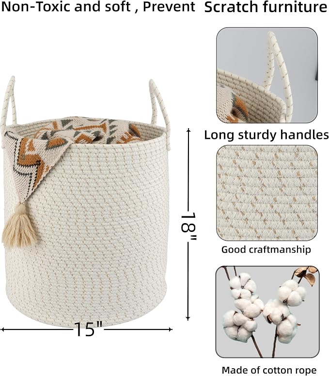 XUANGUO Cotton Rope Laundry Basket Hamper for Clothes, striped - Image 2