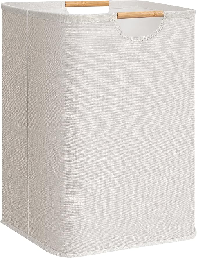 STORAGE MANIAC 1-Pack Large Laundry Hamper, 100L (26.4 Gal) Collapsible Laundry Basket with Bamboo Handles, Freestanding Waterproof Clothes Hamper for Laundry Room, Bedroom, Dorm, Towels, White by STORAGEMANIAC
