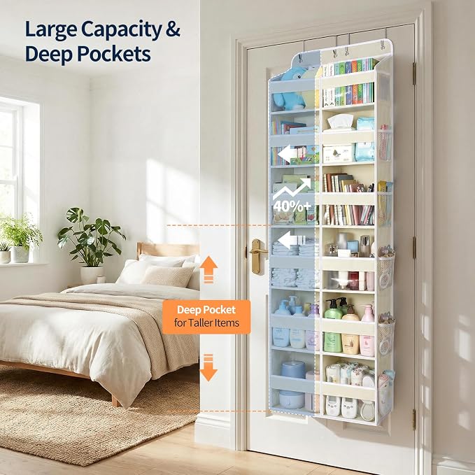 Yecaye 6 Tier Over The Door Organizer, Door Organizer with 12 Compartments | 20" W, Extra Large Behind Door Storage With 12 Side Pockets, 80lbs Heavy Duty, Clear Window, for Closet Bedroom - Image 5