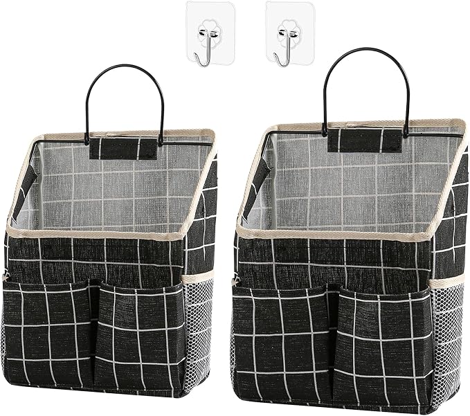 2pcs Wall Hanging Storage Bag,Wall Hanging Organizer Bags with Pockets, Wall Organizer Storage for Dormitory Bathroom Bedroom Kitchen(Black Grid), 0229-xmbsometeth by Someteth