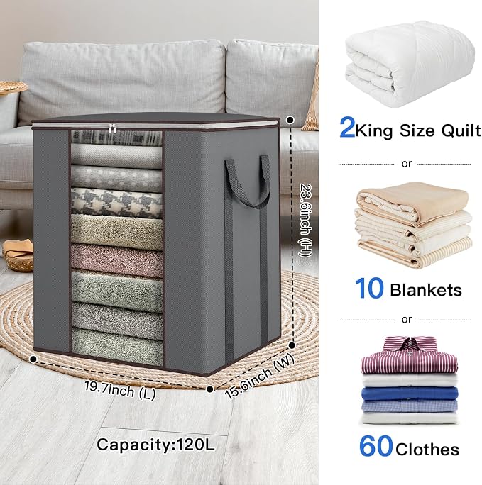 Comforter Storage Bags 120L for Blanket Clothes Bedding Sheet 2 Pack Grey - Image 2