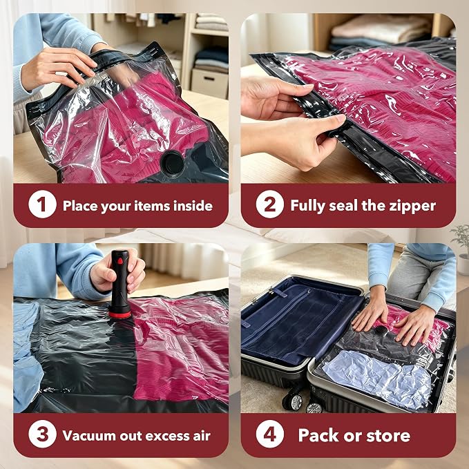 MEIQIHOME 28 Pack PackEase Travel Vacuum Bags 1500mAh Wireless Pump, 80% Compression Space Saver for Luggage, Clear PA+PE Reusable Seal Bags for Clothes, Portable Electric Air Pump for Travel & Home - Image 8