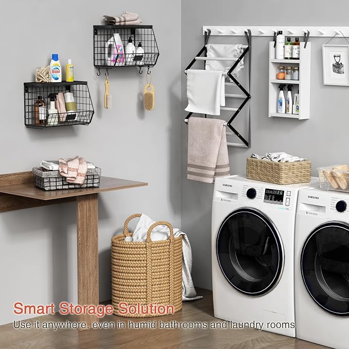 Goozii Black Kitchen Wall Hanging Storage Basket Set of 2, Rustic Stackable Kitchen Counter Fruit Organizer, Wire Baskets Container for Veggie, Garlic, Produce, Onion and Potato (Black Shelf) - Image 5