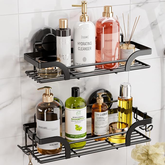 LEVERLOC Shower Caddy Suction Cup, 2 Pack Shower Shelves for Inside, Black by LEVERLOC