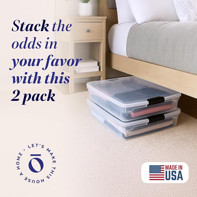 HOMZ 2-Pack Under Bed Storage, Clear Plastic Containers with Lids, 56 Quart, Gray Latch - Stackable Underbed Organizer Bins for Shoes, Bags, Clothes, and Towels - Image 2
