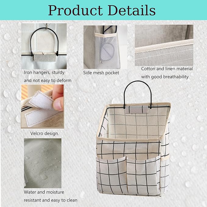 2 Pack Wall Hanging Storage Bags, Organizer with Pockets, Storage for Dormitory Bathroom Bedroom Kitchen (White Grid) - Image 3