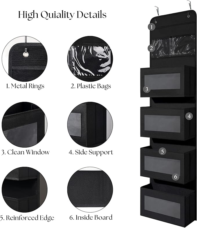 Giraffe Creation Black Over Door Organizer with 4 Large Clear Pockets, Hanging Door Storage for Closet, Bathroom, Bedroom, Dorm, Nursery, Toys, Toiletries, Cosmetics - Image 3