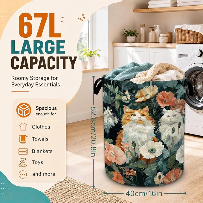 Cute Cat Laundry Basket,Poppy Flowers Foldable Oxford Laundry Hamper with Handles,Collapsible Clothes Storage Basket for Bedroom,Bathroom,or Laundry Room,20.8 x 16 Inches - Image 2