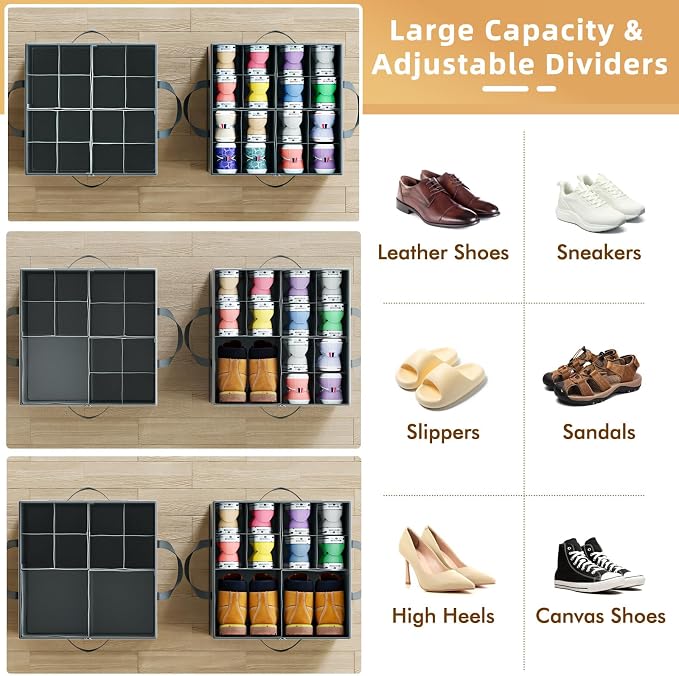 Large Reinforced Shoe Organizer for Closet with Adjustable Dividers, Gray | Customizable Compartments for Sneakers, Boots, Heels, Sandals, Clothes, Towels and Toys, Versatile Cube Storage Organizer - Image 2