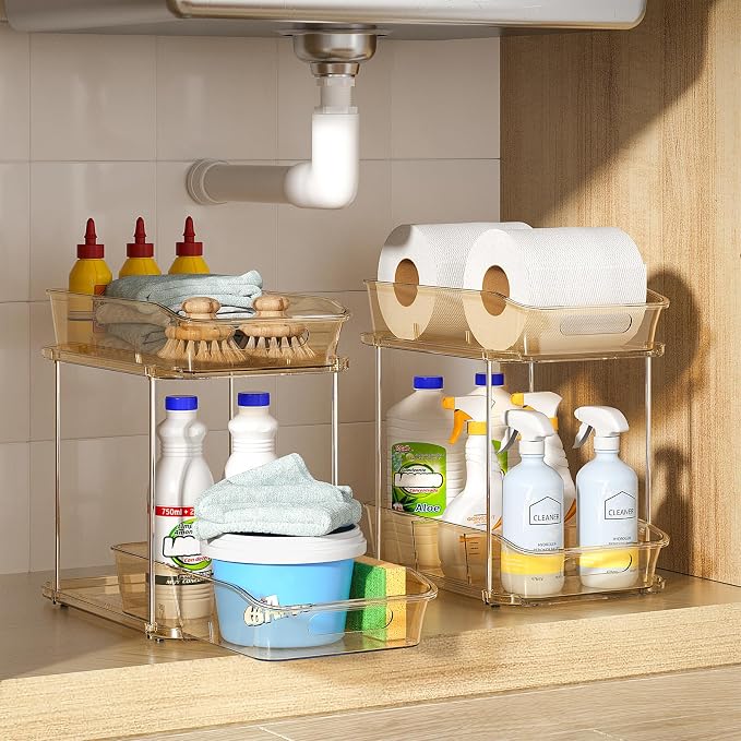 Delamu 2-Tier Under Sink Organizers and Storage, Multi-Purpose Stackable Bathroom Cabinet organizers, Pull Out Kitchen Pantry Organization and Storage with Dividers(3 Pack, Amber) - Image 9