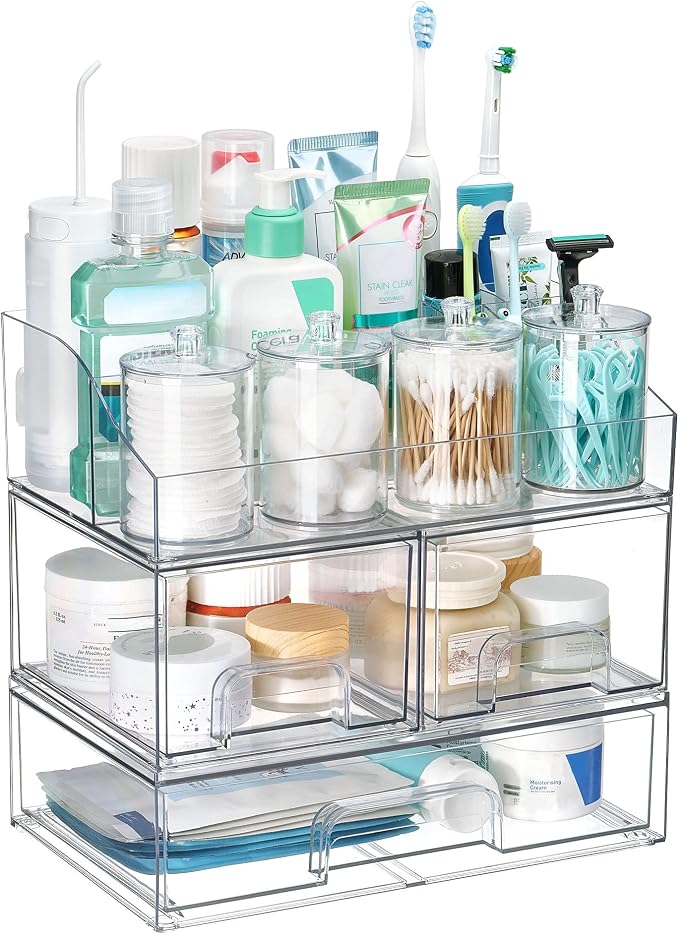 Vtopmart 8 PCS Bathroom Countertop Organizer, 1 Divided Tray with 4 Qtip Holder Jars and 3 Drawers, Restroom Clear Organizers for Toothbrush, Cotton Pads, Vanity Accessories Storage Set by Vtopmart