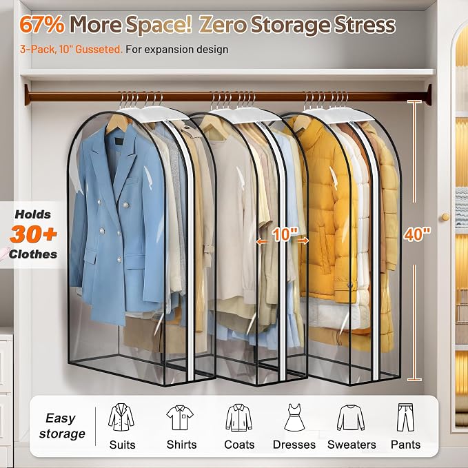 MISSLO 10" Gusseted All Clear Garment Bags for Hanging Clothes 3 Packs 40" Suit Bags for Closet Storage Hanging Clothes Storage Suit Cover for Shirts, Coats, Dresses - Image 2