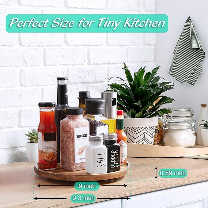 9" Acacia Wood Lazy Susan Turntable Organizer, Lazy Susan for Table Top Cabinet Dining Pantry Countertop Cupboard Organization, Decorative Tray for Kitchen Bathroom Decor Coffee Bar Accessories - Image 2