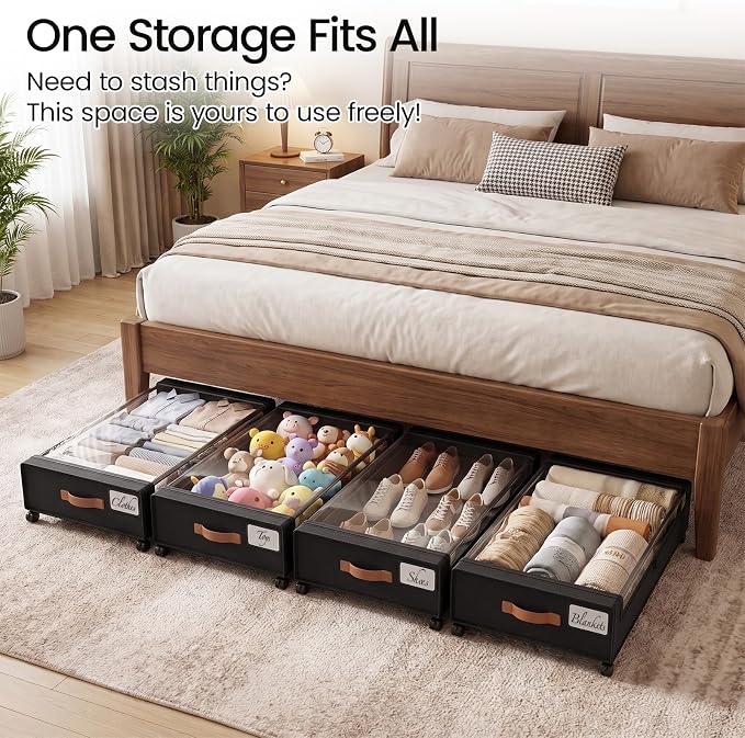 Yecaye 60 L Under Bed Storage with Wheels, 2 Pack Under Bed Storage Containers with Clear Window & Label, Rolling Under bed Shoe Storage organizer for Clothes, Shoes, Black - Image 6