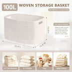 100L Extra Large Woven Laundry Basket Hamper with Handles, White - Image 2