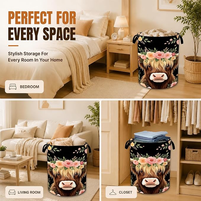 Highland Cow Laundry Hamper,Watercolor Flowers Foldable Oxford Basket with Handles, Portable Clothes Storage Bucket and Laundry Bag for Bathroom Laundry Room Bedroom Dorm Decor,20.8x16 Inch - Image 7