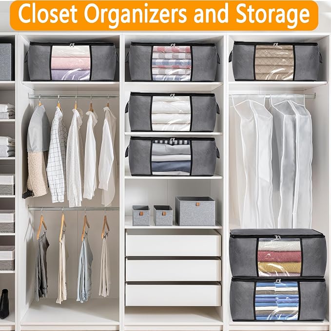 BiCINE 6 Pack Clothes Storage Bags with Zipper, Foldable Blanket Storage Box with Clear Window Reinforced Handles for Closet, Dorm, Pillows, Bedding, Sheet, Comforter, 45L Gray - Image 6