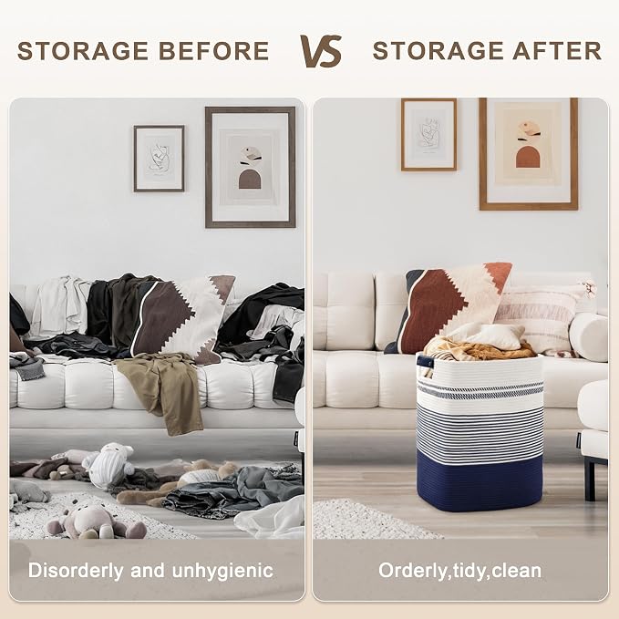 85L Tall Woven Laundry Basket Hamper with Leather Handles,Navy - Image 4