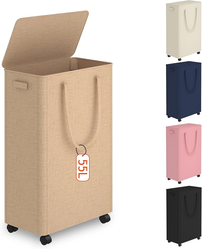 Slim Laundry Hamper with Wheels,15 Gal (55L) Rolling Laundry Basket with lid and wheels Clothes Hamper Foldable Tall Dirty Clothes Basket Sturdy Collapsible Clothes Hamper for Dorm,Laundry Room by Vincona