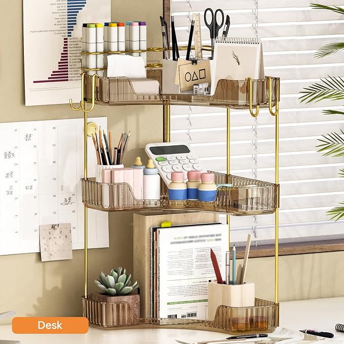 3-Tier Corner Bathroom Counter Organizer，Makeup & Skincare Shelf with Built-in Brush Holder，Space-Saving Bathroom Countertop Organizer for Skincare, Perfume, Cosmetics(Amber) - Image 6