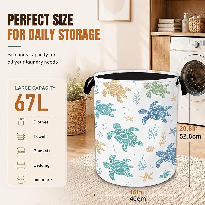 Foldable Laundry Basket with Handles,Watercolor Starfish Oxford Clothes Hamper featuring Cute Sea Turtle, Decorative Portable Storage Basket for Bedroom Bathroom Dorm Laundry Room 20.8x16 Inch - Image 2