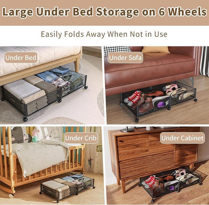 Under Bed Storage on Wheels, Upgraded 31.5 inch Large Rolling Under Bed Storage, Metal Foldable Underbed Drawers Organizer Tool-free Assembly Underbed Shoes Clothes Organize - Image 3