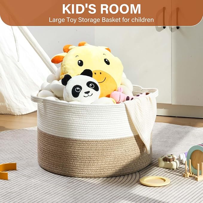 Foldable Laundry Hamper Basket with Collapsible Handle Cotton Rope Soft Woven Fabric Storage Organizer Clothes Toys Nursery Bedroom Dorm Space Saving Bin (White & Brown, 80L(21.7"D x 13.8"H)) - Image 3