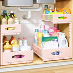 Under Sink Organizer, 2 Pack 2 Tier Pull Out Under Cabinet Organizer Shelf with Pad for Framed Cabinets, Metal Slide Out Under Sink Storage, Mesh Sliding Drawers for Kitchen Bathroom Laundry, Pink by PXRACK