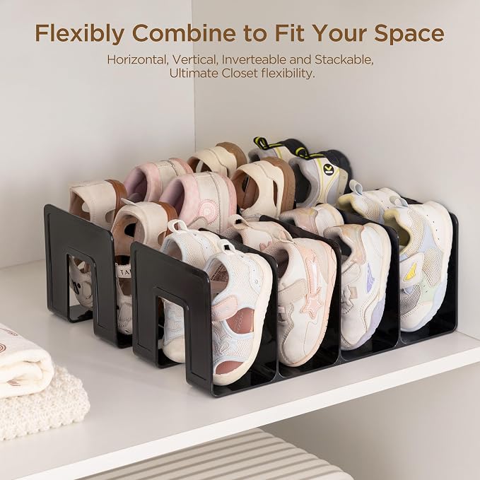 HBlife Black Acrylic Kids Shoe Rack for Closet Organizers and Storage, Small Shoe Rack 4 Sections Toddler Baby Shoe Storage Organizer Stackable Shoe Shelf,Desk File Sorter Book Purse Organizer(2 Pack) - Image 4