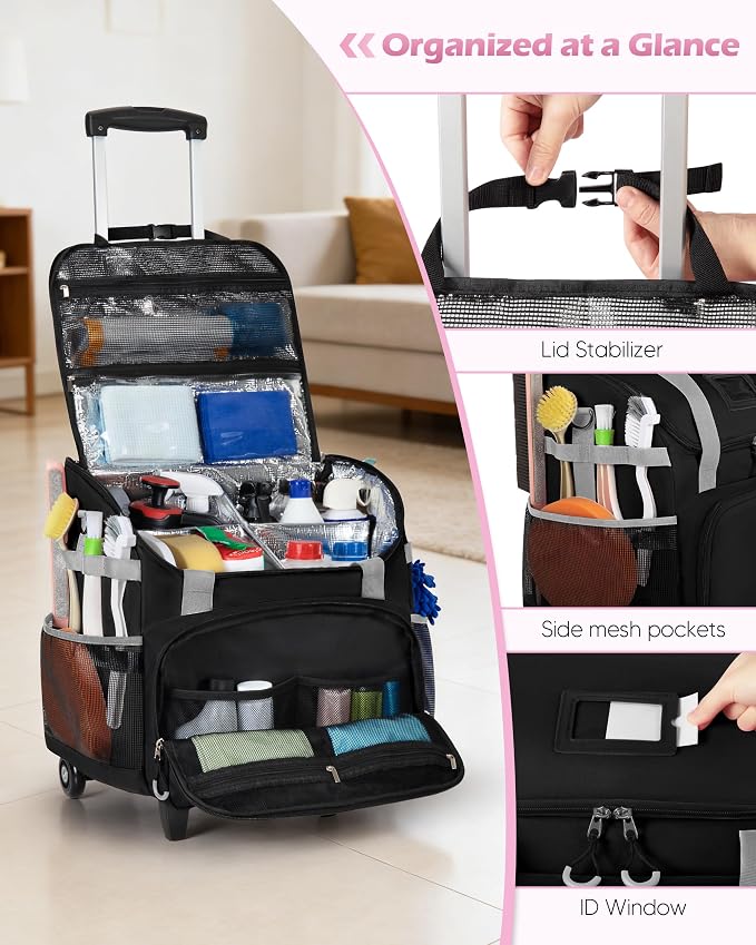 Marscamd Large Rolling Cleaning Caddy Bag with Detachable Trolley, Black - Image 2