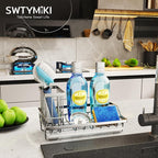 SWTYMIKI Multifunctional Kitchen Sink Caddy - Large Sponge Holder for Kitchen Sink with Removable Brush Holder + Drip Tray, Silver - Image 2