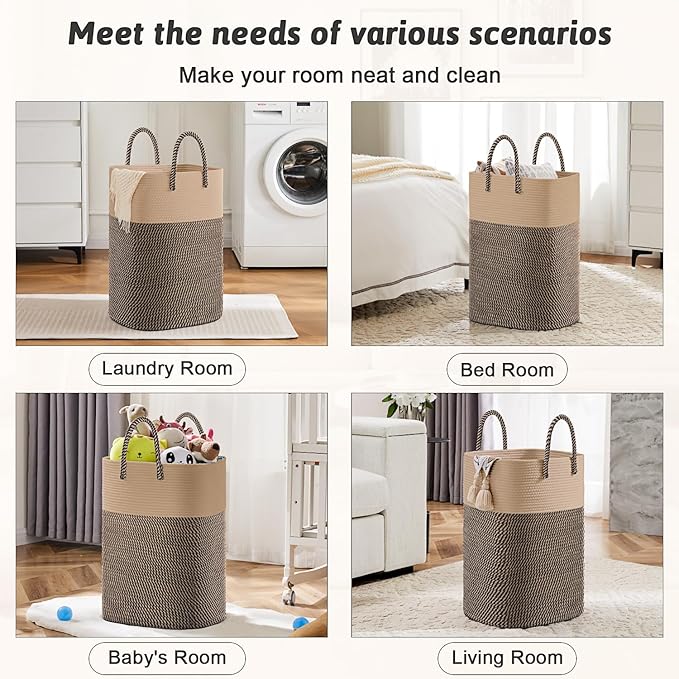 Laundry Basket,Woven Cotton Rope Laundry Hamper,Versatile Storage for Dirty Clothes,Baby Toys,and Blankets in Bathroom, Nursery,and Living Room (Jute, 100L) - Image 5