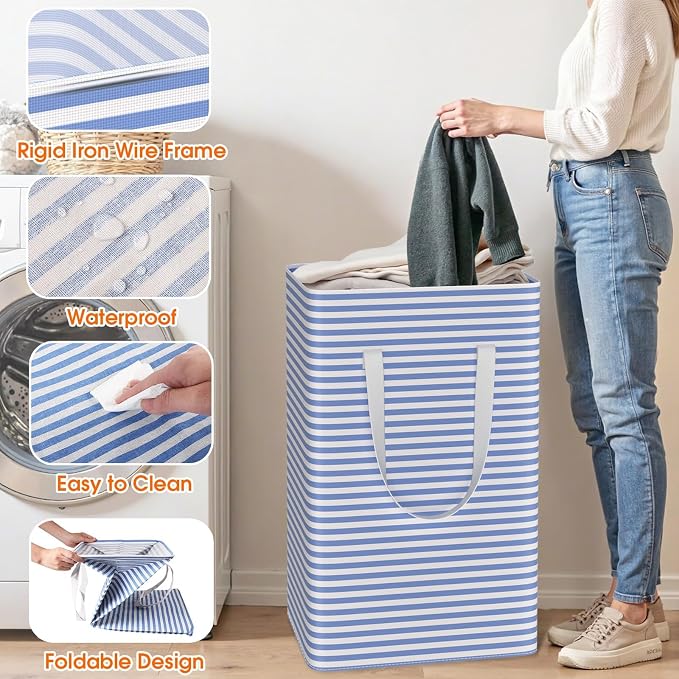 3-Pack Laundry Basket, Collapsible Laundry Hampers, 75L, Blue - Image 5