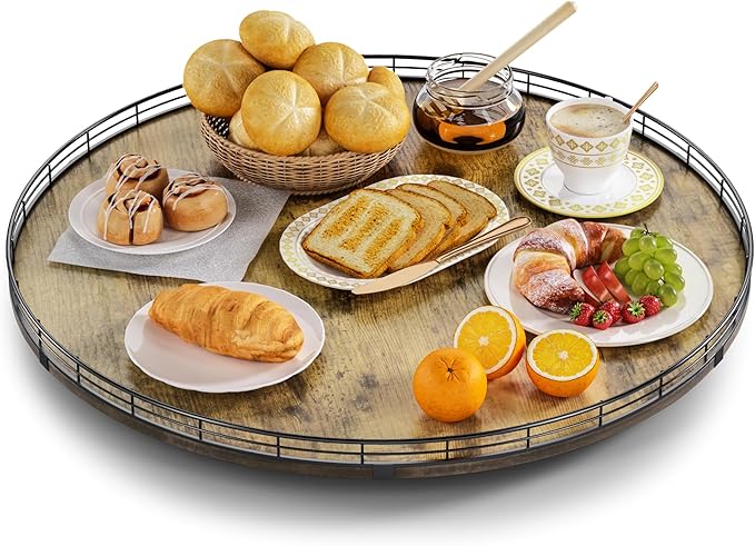 Lazy Susan Turntable Organizer for Table Top, 24’’ Round Wooden Lazy Susan for Cabinet Kitchen Countertop Pantry Dining Coffee Table for Condiments Spices, Rustic Bathroom Vanity Tray for Soap Candle by HGF
