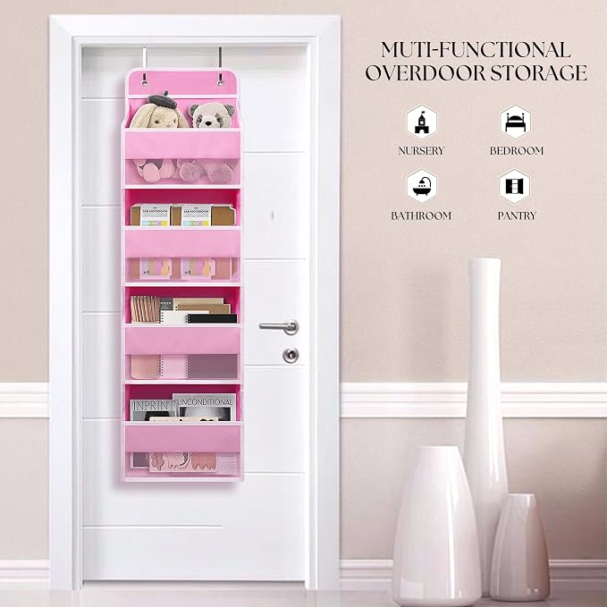 TYMENSH Pink Over Door Organizer with 4 Large Clear Pockets, Hanging Door Storage for Nursery, Bedroom, Bathroom, Closet, Toys, Diapers, Cosmetics, Baby Essentials - Image 3