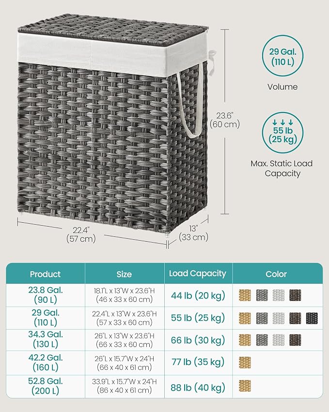 SONGMICS Laundry Hamper with Lid, 110L Double Wicker Basket, 6 Mesh Bags - Image 6