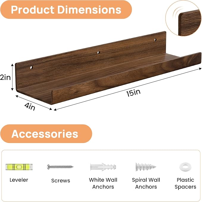 upsimples 4 Pcs 15" Acrylic Shelves for Wall Decor and Display, Walnut - Image 3