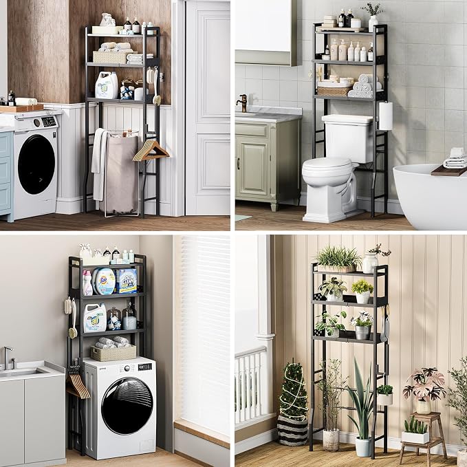 Over the Toilet Storage Shelf 3-Tier Adjustable Bathroom Organizers and Storage Shelves Bathroom Rack Above Toilet Storage with Paper Holder and 4 Hooks Space Saver Storage for Laundry - Image 8