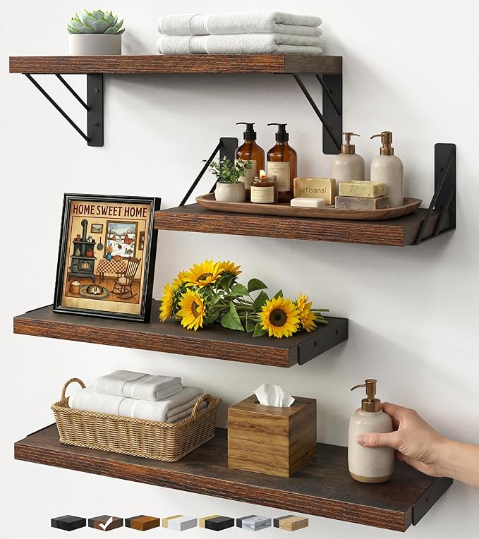 BAYKA Wall Shelves for Bathroom Decor, Wood, Rustic Brown, Set of 4, 16in by Bayka