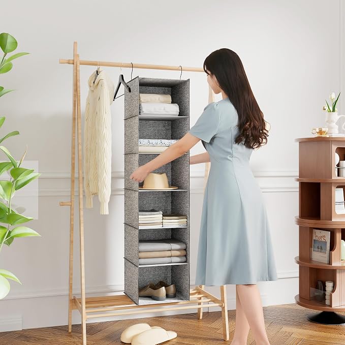 Hanging Closet Organizer 6-Shelf, Oxford Linen Wardrobe Storage, Gray | Easy-mount foldable design holds clothes, handbags, shoes & accessories; washable Oxford fabric, sturdy and space-saving. - Image 2