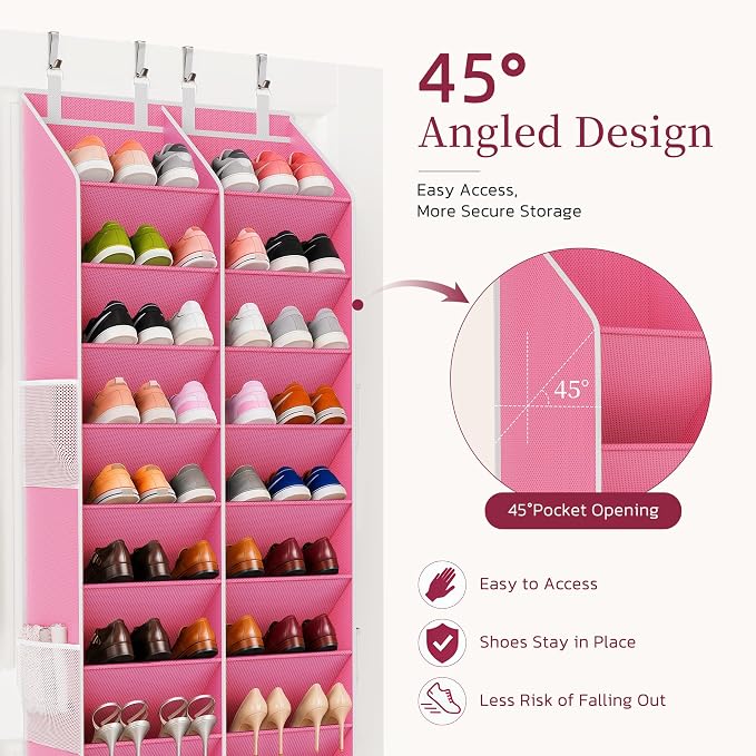 Criusia Over the Door Shoe Organizer, 20-30 Pairs Heavy-Duty Hanging Shoe Storage with Large Pockets, 10-Tier Door Shoe Rack with 4 Hooks for Sneakers Sandals Heels Boots (Pink) - Image 5