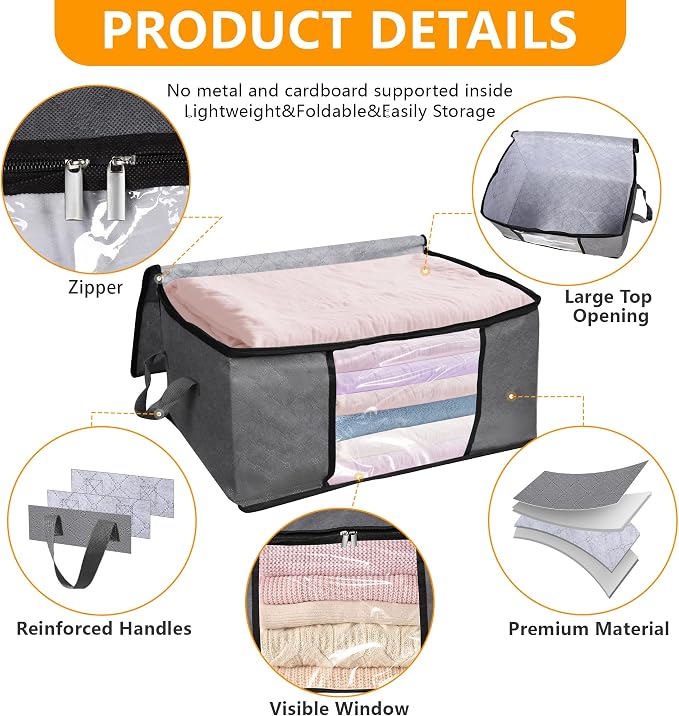 BiCINE 10 Pack Clothes Storage Bags with Zipper, 45L Foldable Blanket Storage Box with Clear Window Sturdy Handles for Closet, Dorm, Pillows, Bedding, Sheet, Comforter, Gray - Image 4